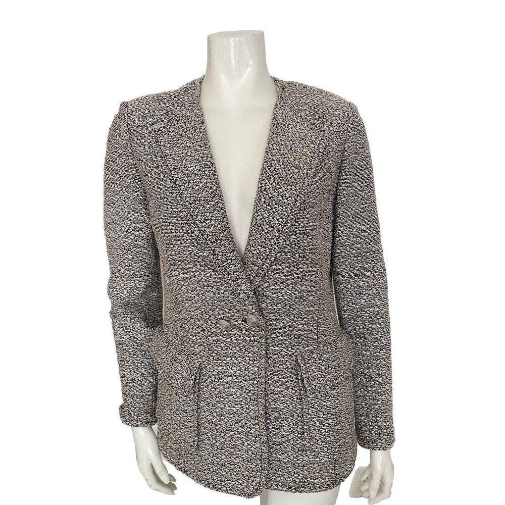 St. John Blazer Jacket Tweed Wool Blend Size 8 Navy Blue White Beige St